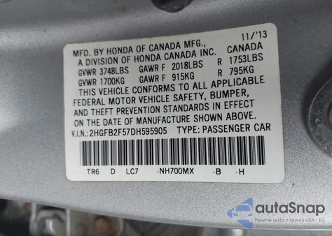 2013 Honda Civic Lx from USA, damaged, VIN 2HGFB2F57DH595905